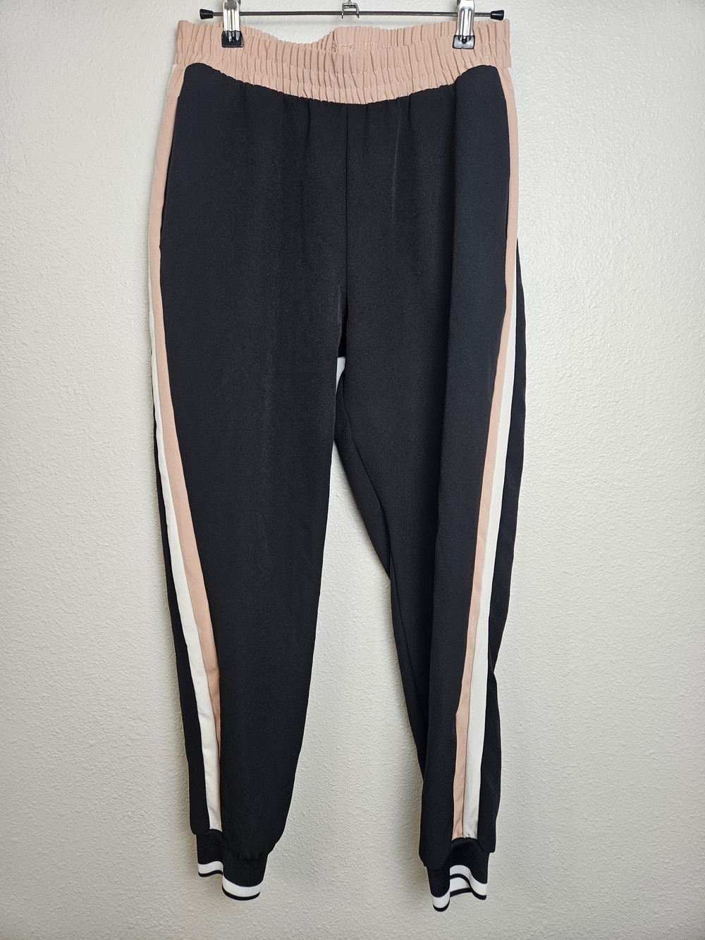 Zara Black Joggers with Beige and White Side Stripes Size M